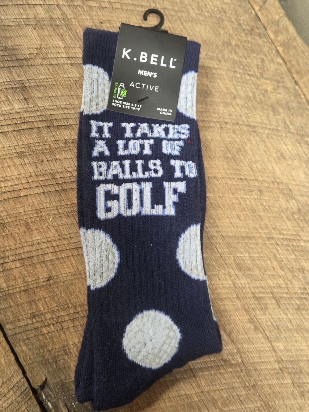 K. Bell Men's Active "Takes Balls to Golf" Novelty Crew Socks, Size 10-13 Bin 1H